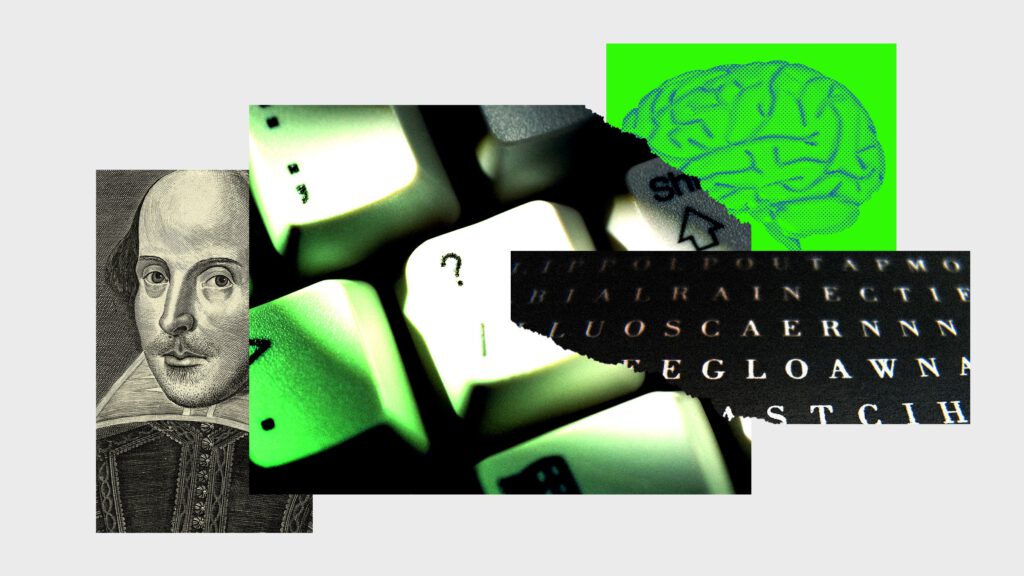 Photo collage of a computer keyboard a brain letters and Shakespeare