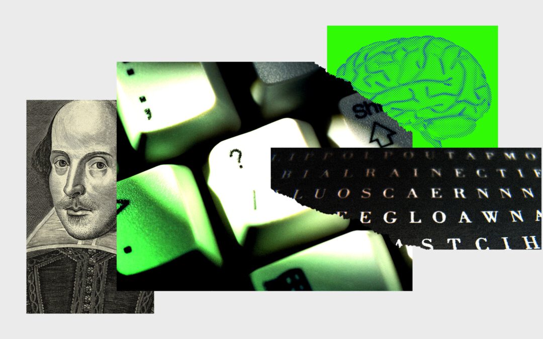 Photo collage of a computer keyboard a brain letters and Shakespeare