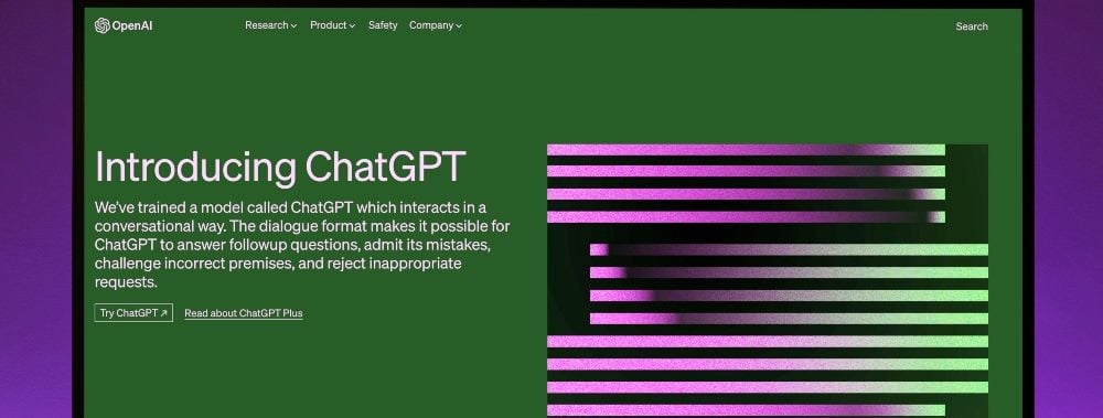 Computer screen of launch of ChatGPT launch with the words "Introducing ChatGPT" in white letters on green with purple background.