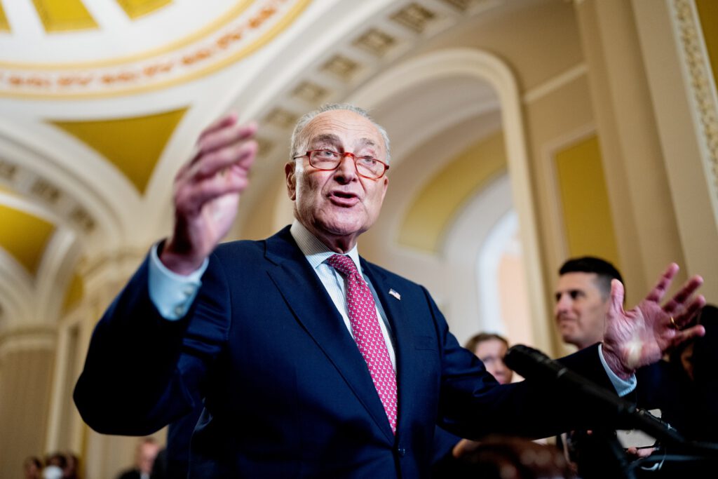 Senate Majority Leader Chuck Schumer DN.Y. speaks to reporters during the Senate Democrats