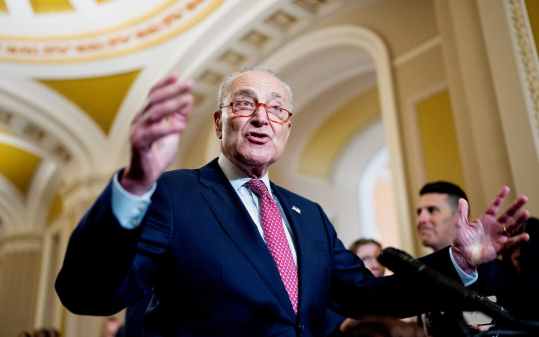 Senate Majority Leader Chuck Schumer DN.Y. speaks to reporters during the Senate Democrats