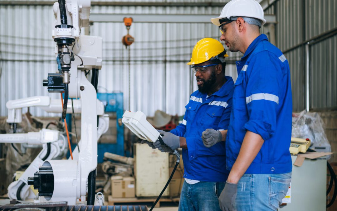 Engineer technician controlling robotic arms on computer laptop in an industrial setting