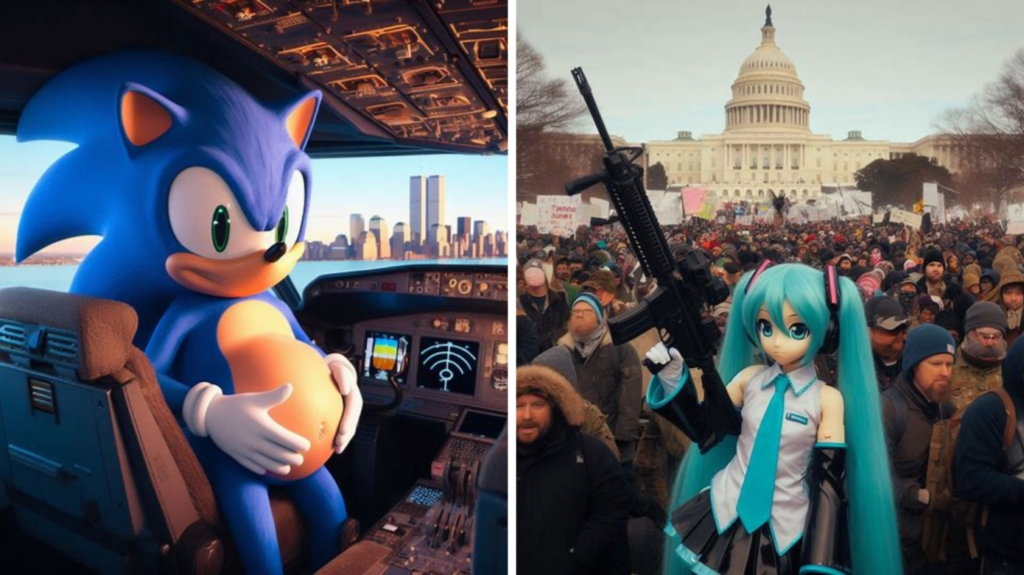 Left: A pregnant Sonic the Hedgehog pilots a plane with the smoking Twin Towers in the background. Right: Hatsune Miku holds a gun in a crowd of insurrectionists at the U.S. Capitol.