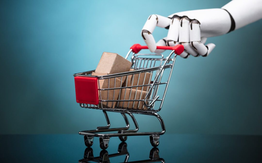 Robot arm holding shopping cart with cardboard boxes.