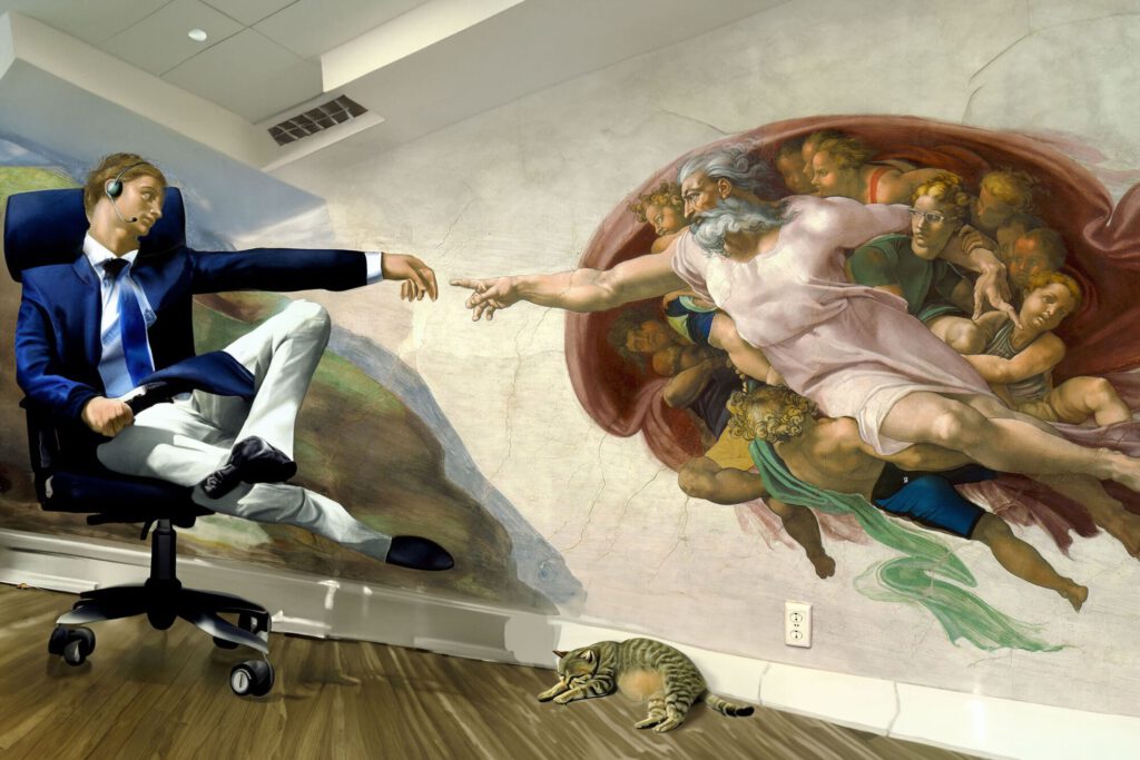 The Creation of Adam by Michelangelo reimagined with more than two dozen Firefly AI prompts in Photoshop. 