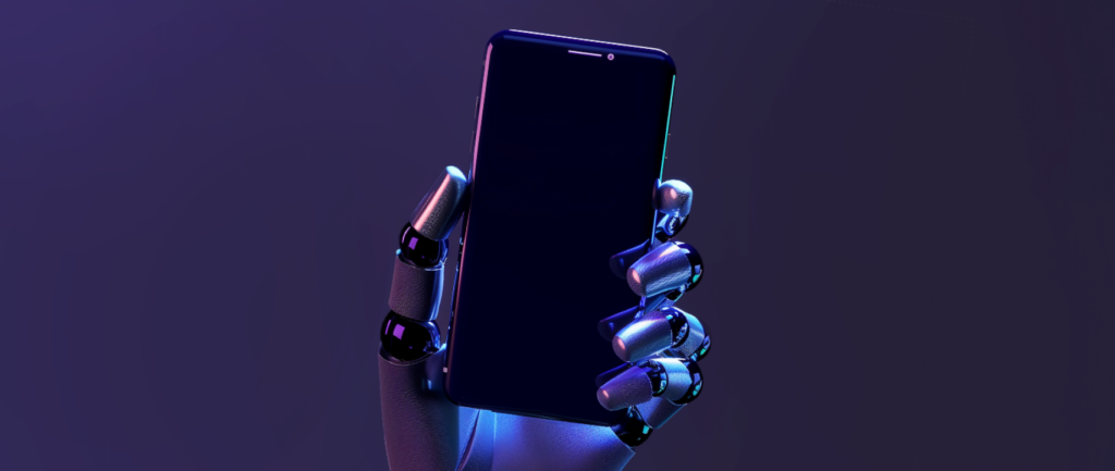 A robot hand holding up a smart phone.