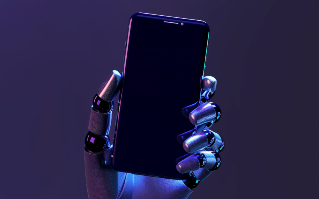 A robot hand holding up a smart phone.