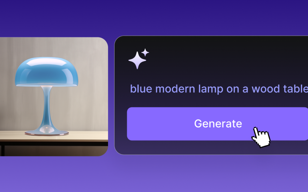 An image result next to a prompt for a blue modern lamp on a wood table from generative AI.