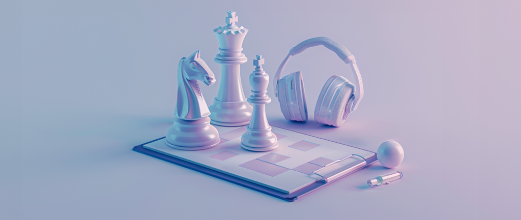 chess pieces on a clipboard with a set of over ear headphones nearby: AI in CRM.