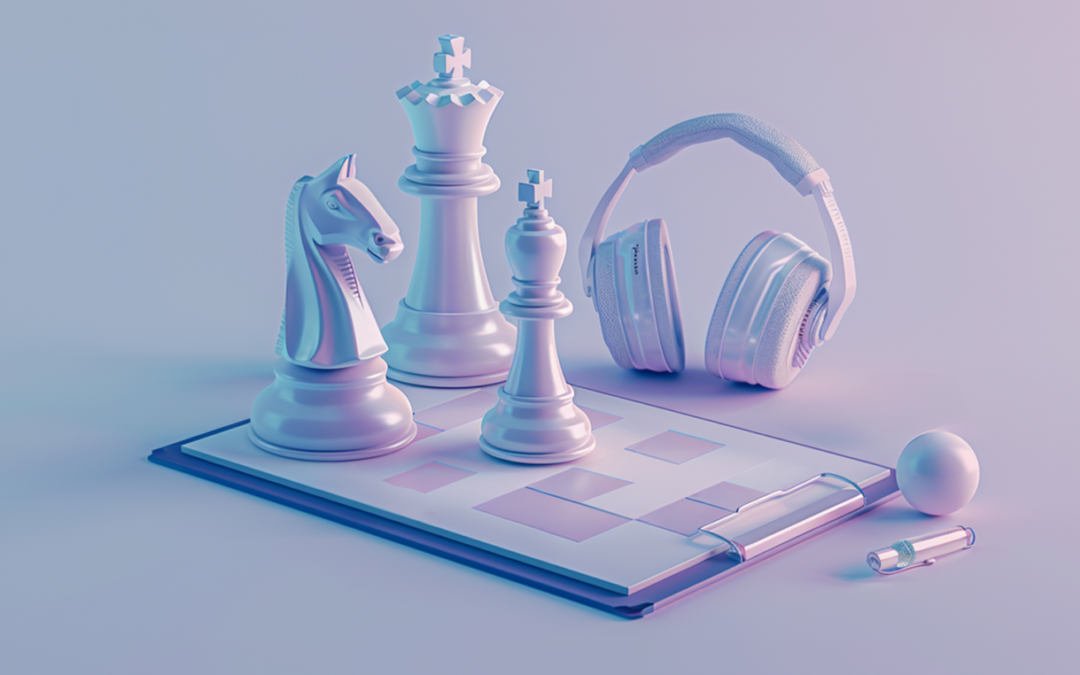 chess pieces on a clipboard with a set of over ear headphones nearby: AI in CRM.