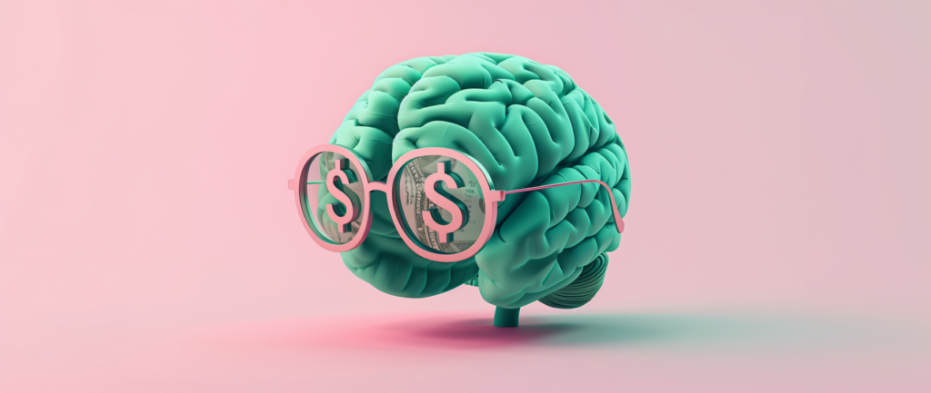 An animated image of a green brain wearing sunglasses with dollar signs inside their lenses, all against a pink background: business automation