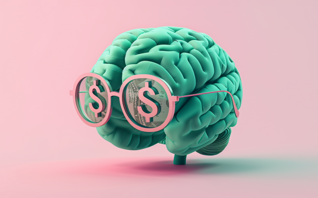 An animated image of a green brain wearing sunglasses with dollar signs inside their lenses, all against a pink background: business automation