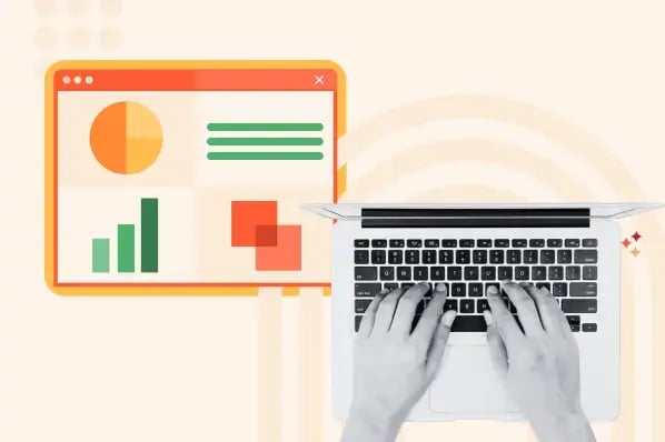 Illustration of different charts and photo of hands typing on laptop