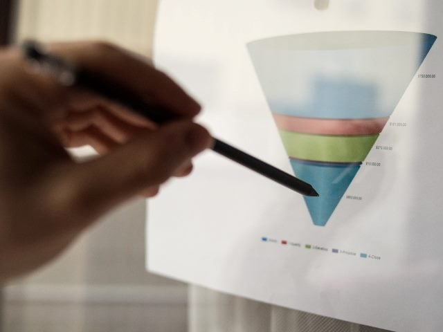 Male hand pointing with a finger at a sales funnel chart printed on a sheet of paper during a marketing meeting.