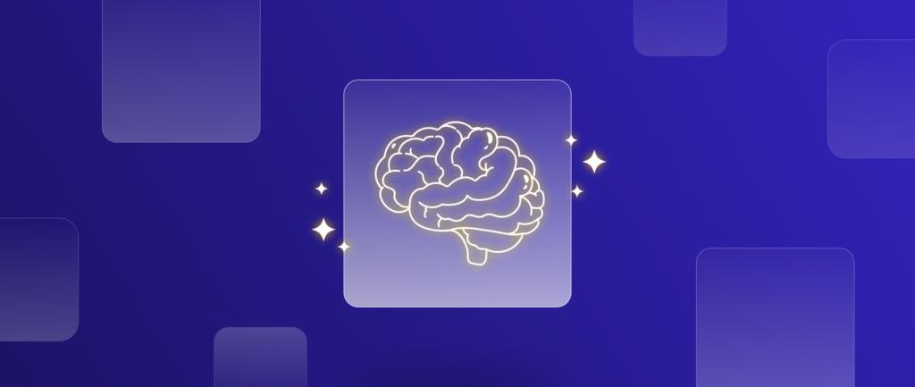 A brain, within a button, surrounded by Google Gemini stars, representing AI in advertising